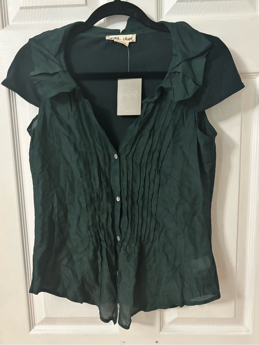 Dark Green Ruffled Cap-Sleeve Blouse